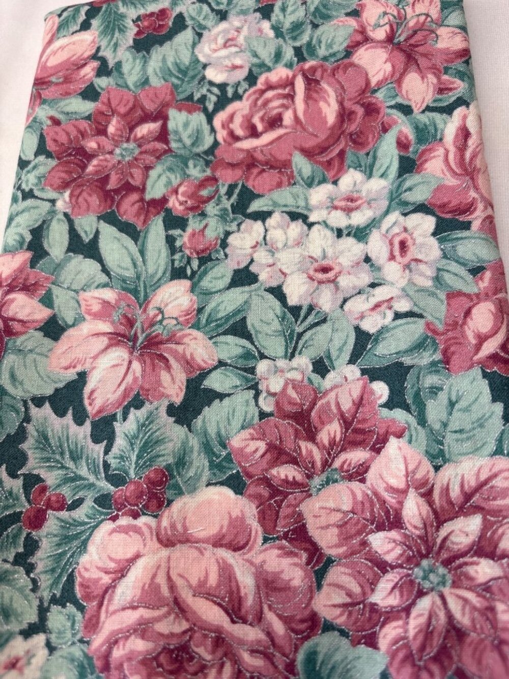 Floral Cotton Fabric 18x40" Green Pink Roses Sewing Quilting Material - Picture 6 of 11